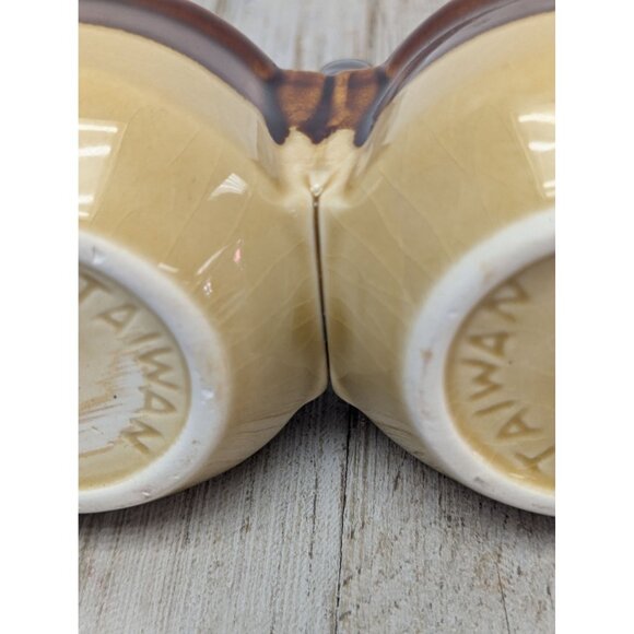 Vintage Brown Glazed Stoneware Double Condiment Sauce Pot With Lids Taiwan - Picture 7 of 10